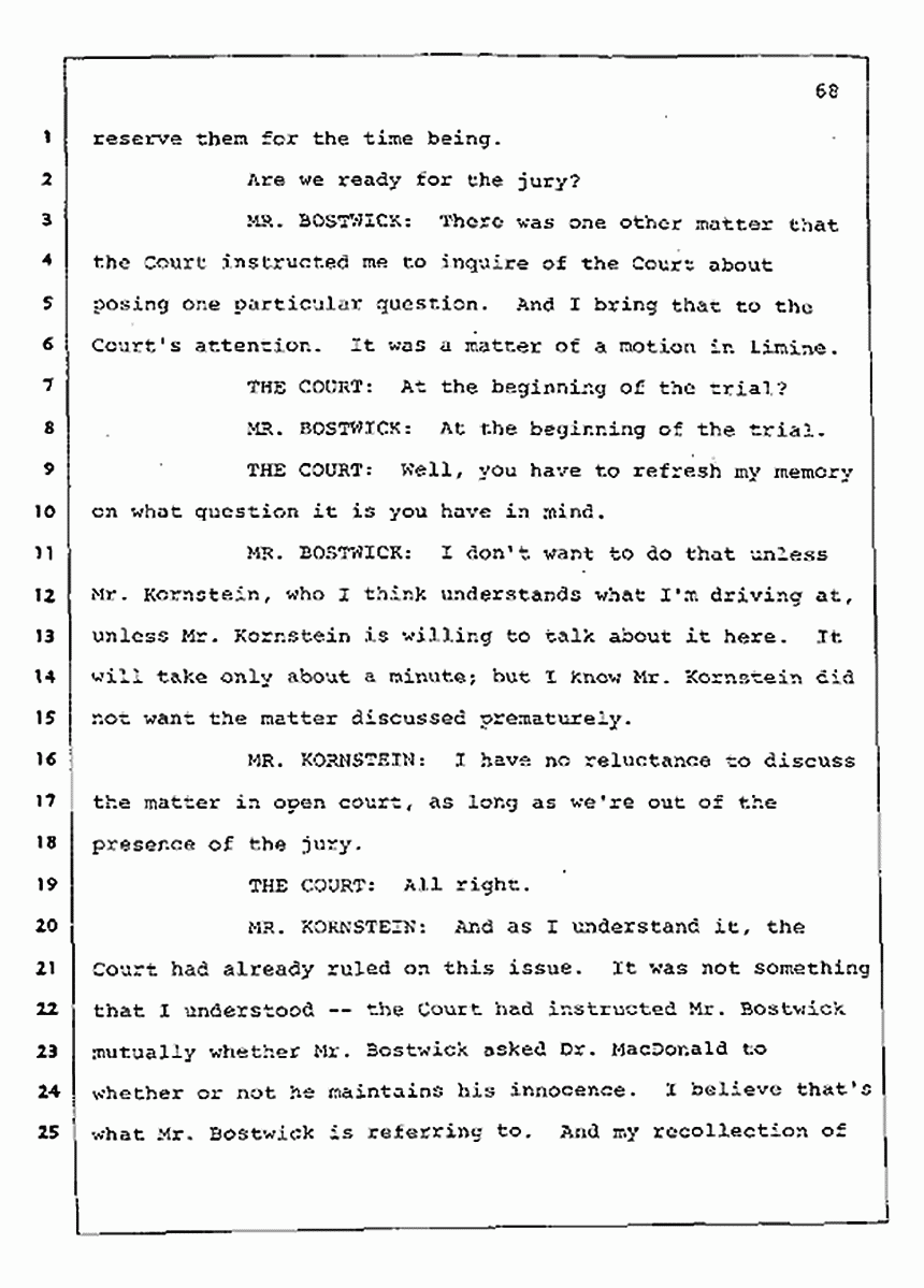 Los Angeles, California Civil Trial<br>Jeffrey MacDonald vs. Joe McGinniss<br><br>July 23, 1987:<br>Plaintiff's Witness: Barbara Gallagher, p. 68
