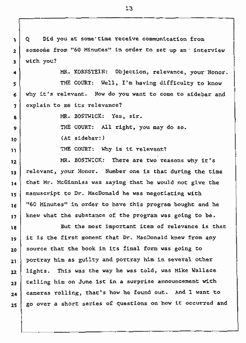 Los Angeles, California Civil Trial<br>Jeffrey MacDonald vs. Joe McGinniss<br><br>July 27, 1987:<br>Plaintiff's Witness: Jeffrey MacDonald, p. 13