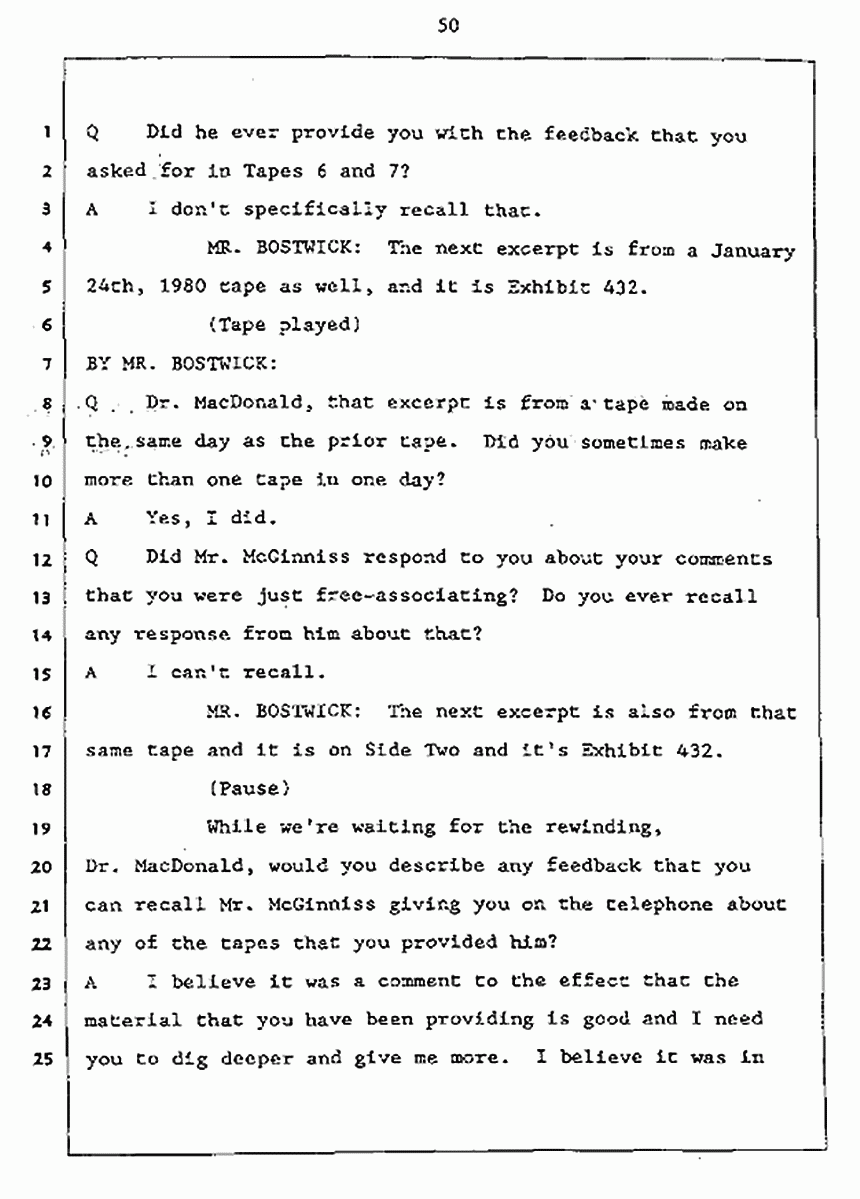 Los Angeles, California Civil Trial<br>Jeffrey MacDonald vs. Joe McGinniss<br><br>July 27, 1987:<br>Plaintiff's Witness: Jeffrey MacDonald, p. 50