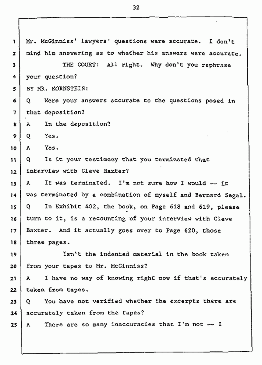 Los Angeles, California Civil Trial<br>Jeffrey MacDonald vs. Joe McGinniss<br><br>July 27, 1987:<br>Plaintiff's Witness: Jeffrey MacDonald, p. 32