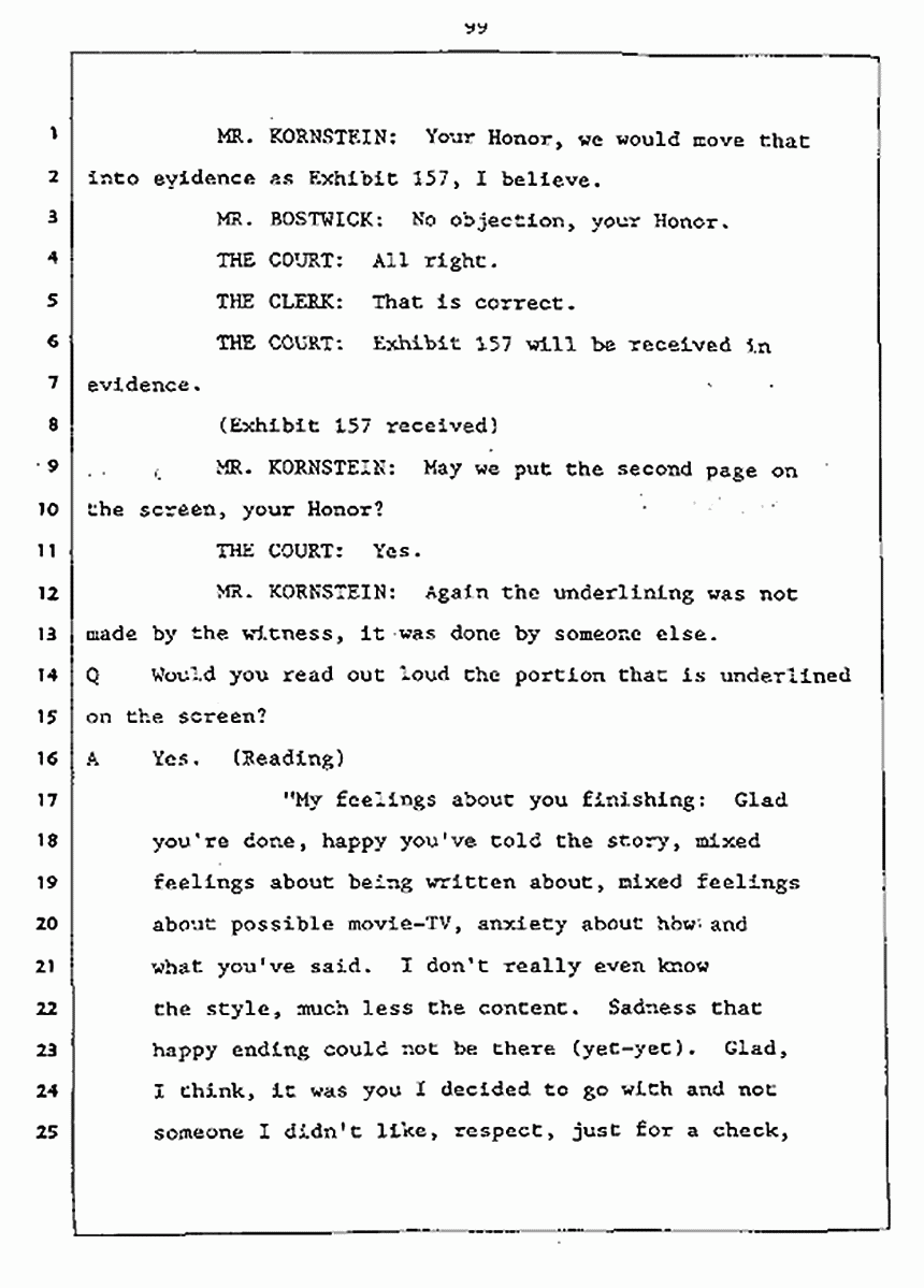 Los Angeles, California Civil Trial<br>Jeffrey MacDonald vs. Joe McGinniss<br><br>July 27, 1987:<br>Plaintiff's Witness: Jeffrey MacDonald, p. 99