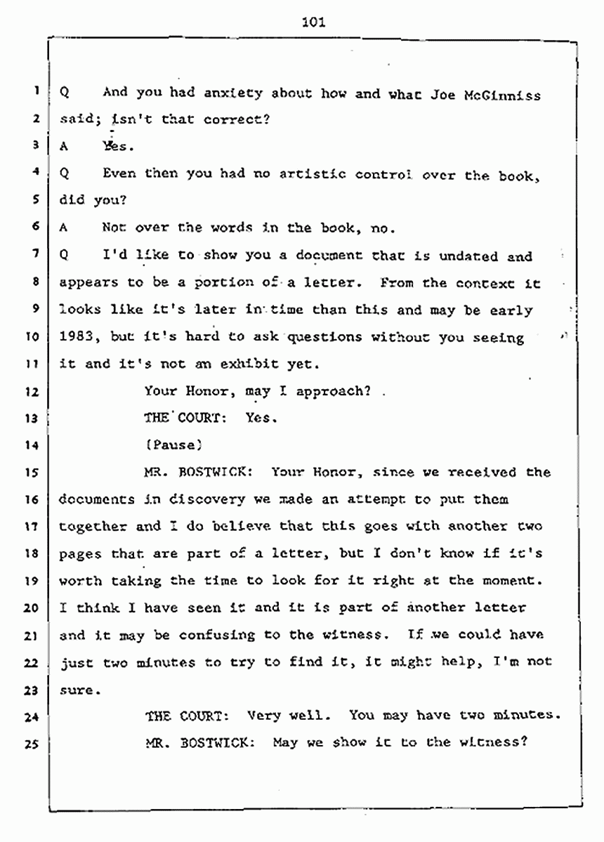 Los Angeles, California Civil Trial<br>Jeffrey MacDonald vs. Joe McGinniss<br><br>July 27, 1987:<br>Plaintiff's Witness: Jeffrey MacDonald, p. 101