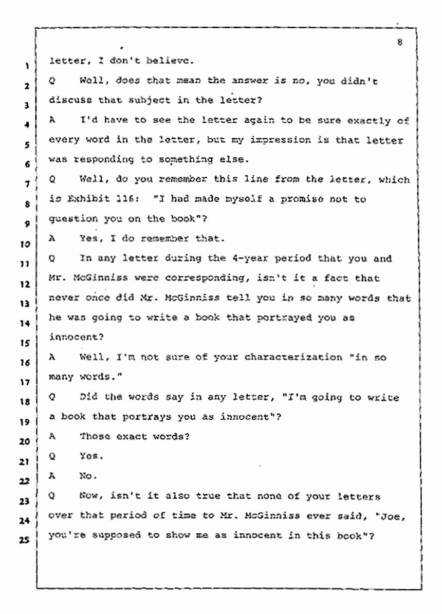 Los Angeles, California Civil Trial<br>Jeffrey MacDonald vs. Joe McGinniss<br><br>July 30, 1987:<br>Plaintiff's Witness: Jeffrey MacDonald, p. 8