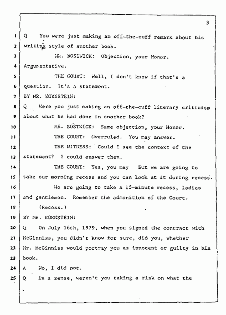Los Angeles, California Civil Trial<br>Jeffrey MacDonald vs. Joe McGinniss<br><br>July 31, 1987:<br>Plaintiff's Witness: Jeffrey MacDonald, p. 3