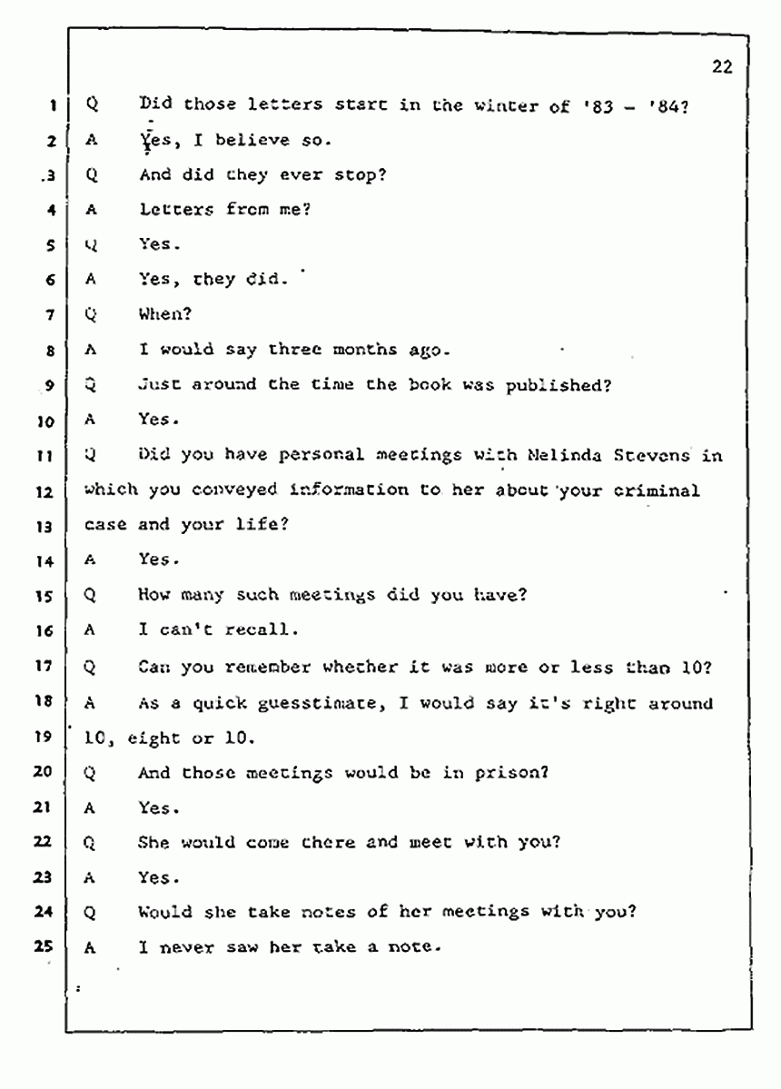 Los Angeles, California Civil Trial<br>Jeffrey MacDonald vs. Joe McGinniss<br><br>July 31, 1987:<br>Plaintiff's Witness: Jeffrey MacDonald, p. 22
