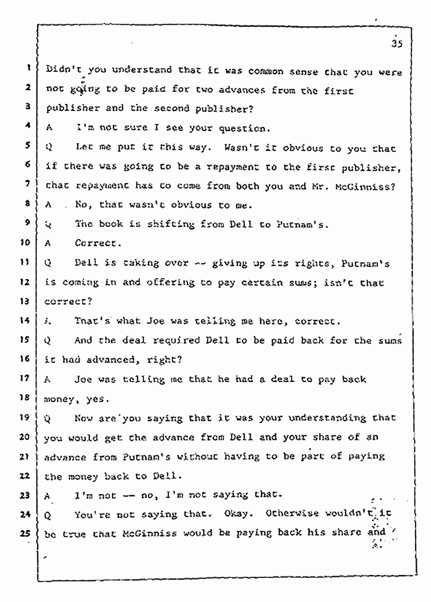 Los Angeles, California Civil Trial<br>Jeffrey MacDonald vs. Joe McGinniss<br><br>July 31, 1987:<br>Plaintiff's Witness: Jeffrey MacDonald, p. 35