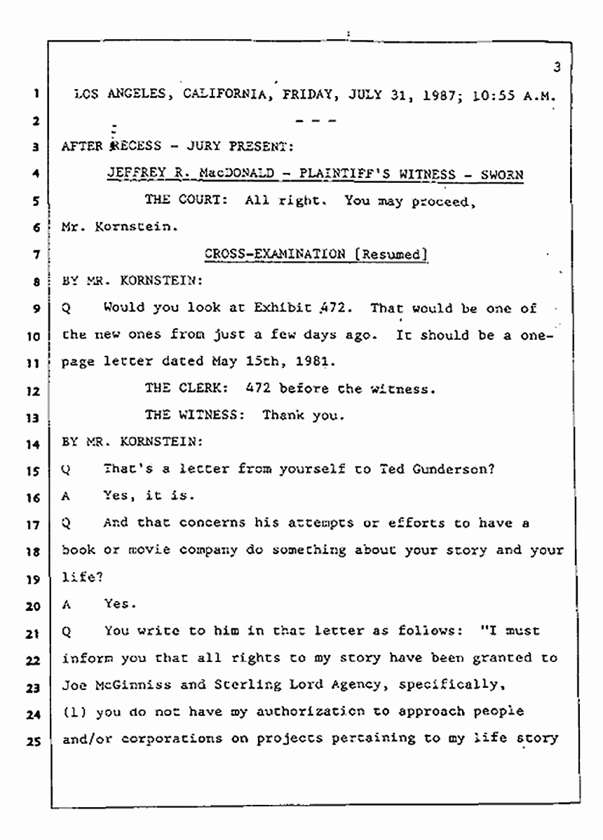 Los Angeles, California Civil Trial<br>Jeffrey MacDonald vs. Joe McGinniss<br><br>July 31, 1987:<br>Plaintiff's Witness: Jeffrey MacDonald, p. 3