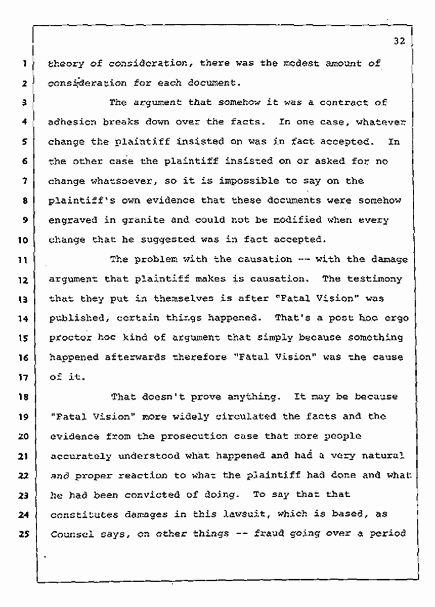 Los Angeles, California Civil Trial<br>Jeffrey MacDonald vs. Joe McGinniss<br><br>August 4, 1987:<br>Plaintiff's Witness: Jeffrey MacDonald, p. 32