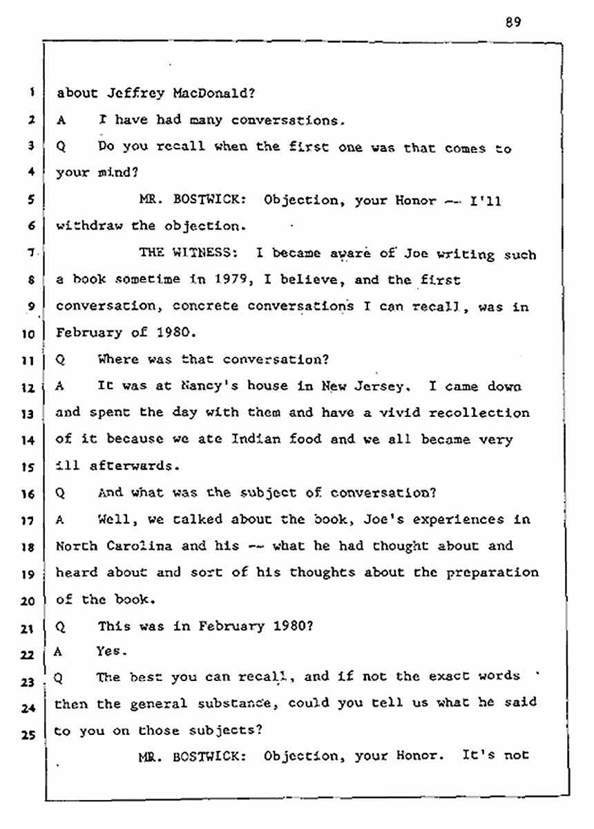 Los Angeles, California Civil Trial<br>Jeffrey MacDonald vs. Joe McGinniss<br><br>August 5, 1987:<br>Defendant's Witness: Cynthia Crossen, p. 89